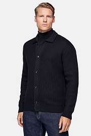 Cárdigan Azul Marino Cuello Camisero De Lana Merina, Azul  Marino, hi-res