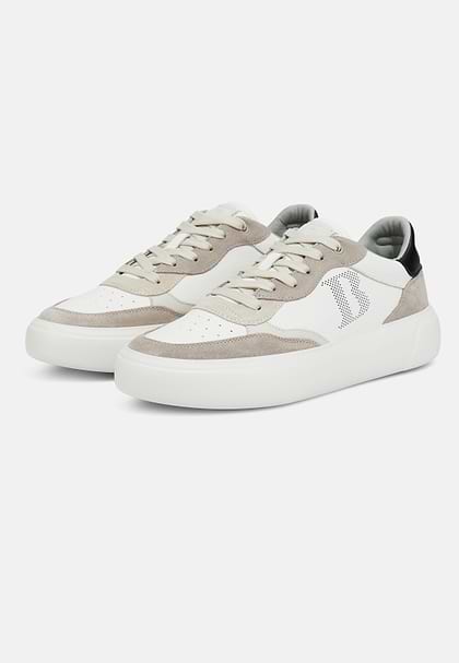 Leather Trainers with Macro Logo, Taupe, hi-res
