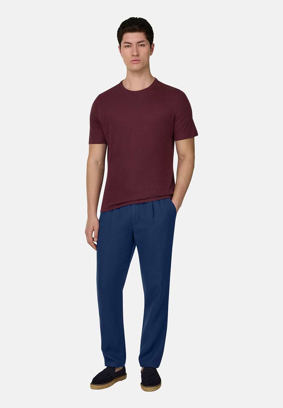 T-Shirt in Stretch Linen Jersey, Burgundy, hi-res