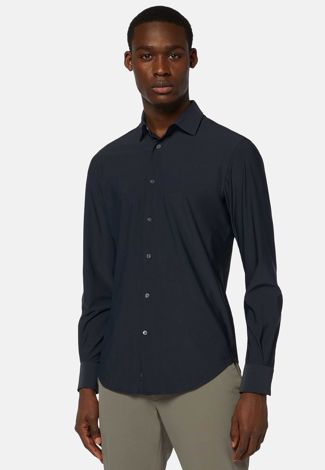 Camicia In Nylon Elasticizzato Slim Fit, Navy, hi-res, 1