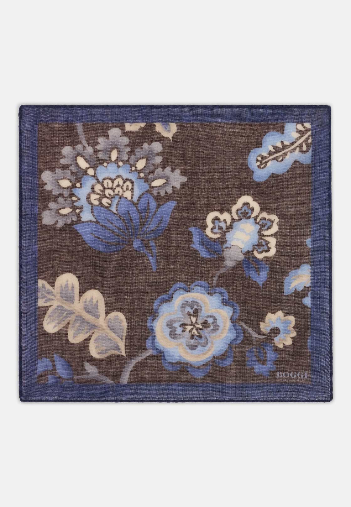 Pocket Square Macro Floral Print Wool, Dark brown, hi-res, 2