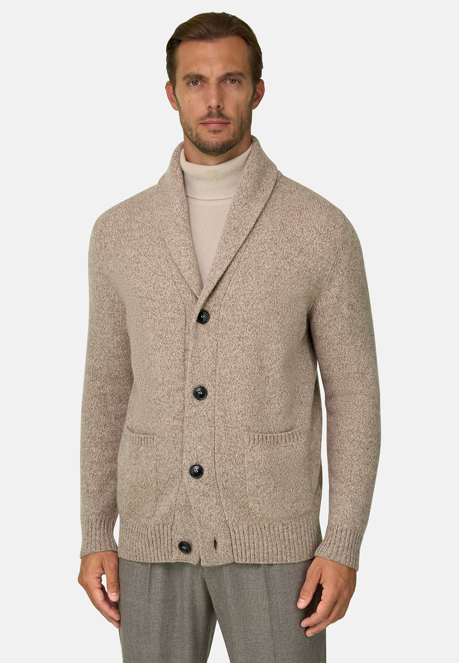 Cardigan en Laine Col Châle Mouliné, Taupe, hi-res