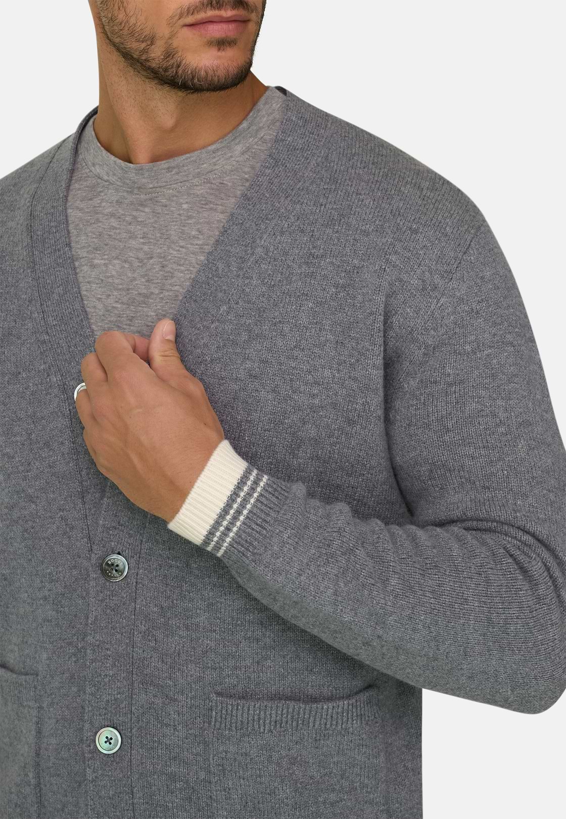 Cardigan in Superfine Merino Wool, Grey, hi-res, 3