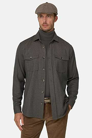 Overshirt in Mélange Wool Flannel, Taupe, thumb, 1