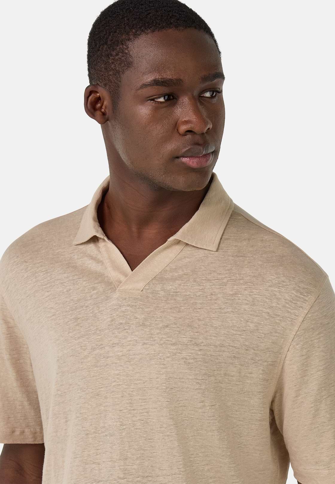 Stretch Linen Jersey Polo Shirt, Sand, hi-res