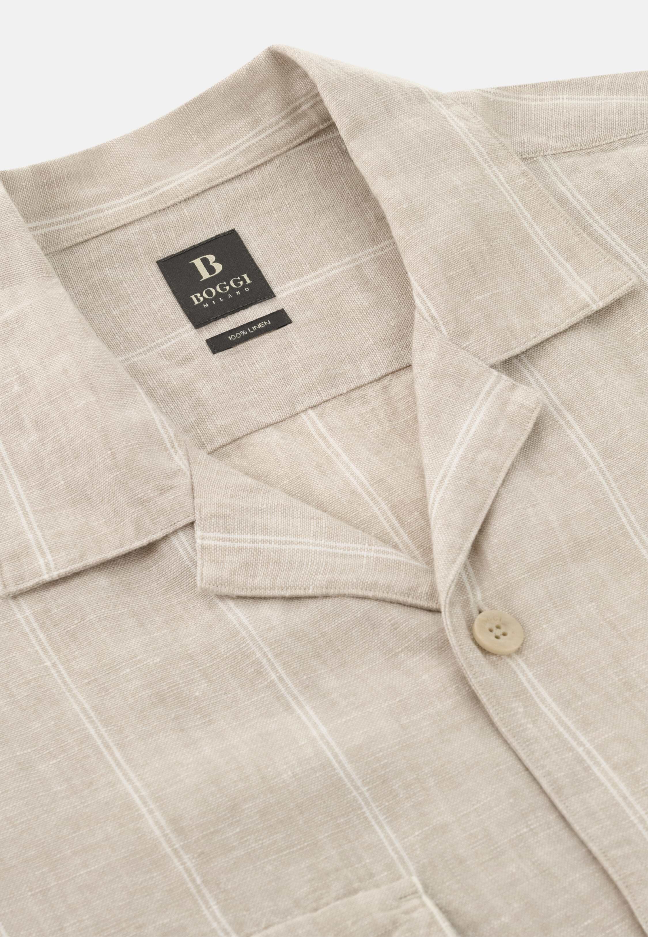 Men's Regular Fit Pinstripe Linen Shirt, Sand | Boggi Milano