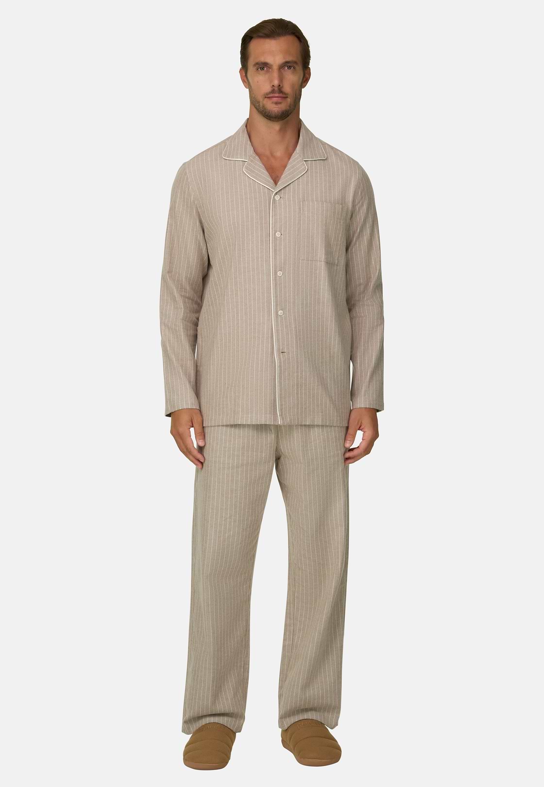 Pajama Pinstripe Cotton Flannel, Biscuit, hi-res, 2