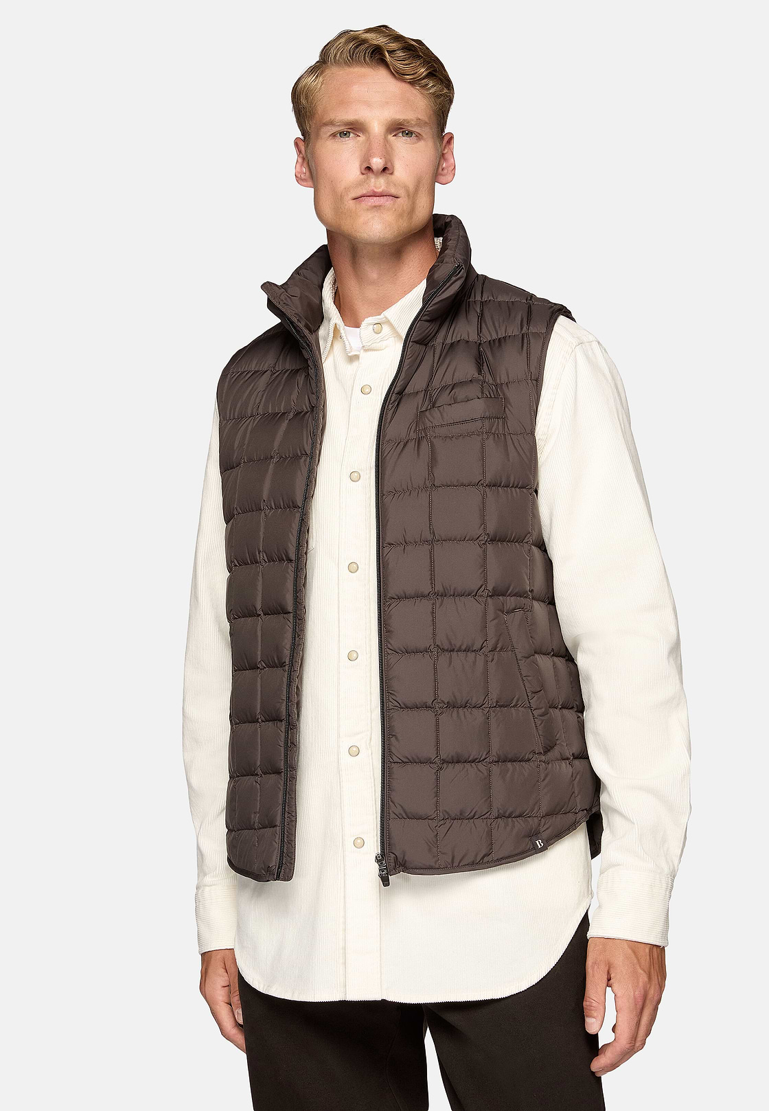 Gilet In Tessuto Tecnico In Piuma D`Oca, Marrone, hi-res