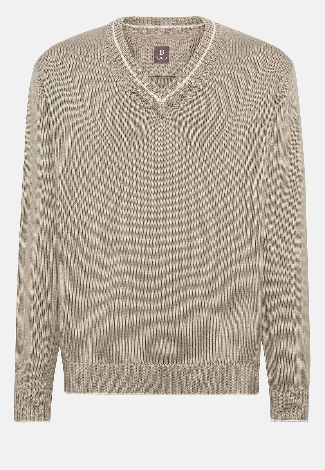 Taupefarbener Pullover Mit V-Ausschnitt Aus Wolle und Bio-Baumwolle, Taupe, hi-res