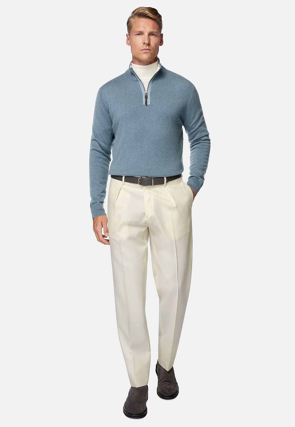 Wool Gabardine Trousers, Cream, hi-res
