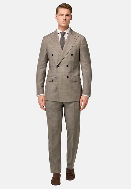 Prince of Wales Check Pure Wool Suit, Taupe, hi-res