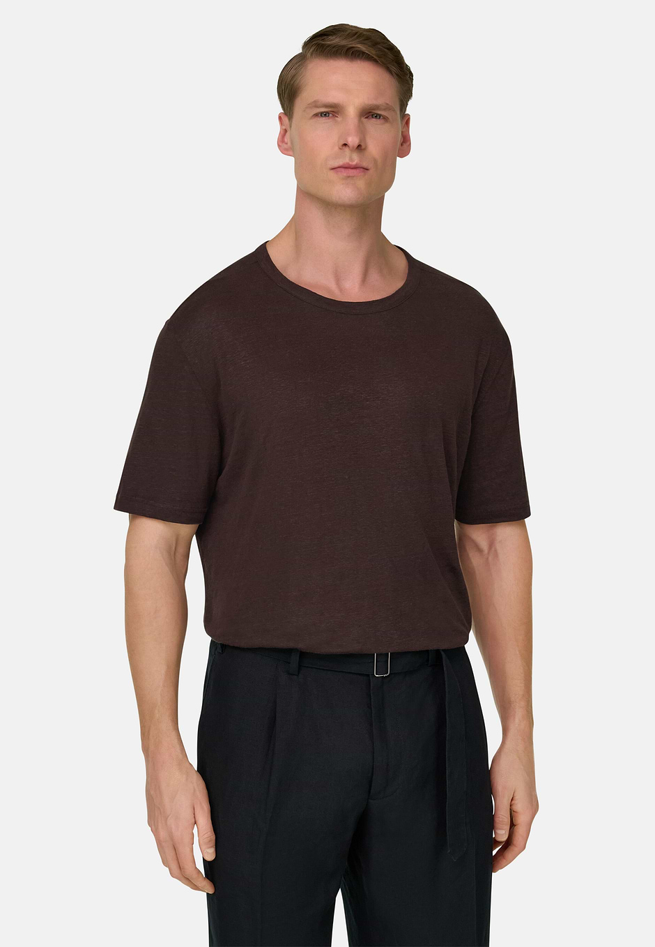 T-Shirt Aus Stretch-Leinen-Jersey, Dunkelbraun, hi-res