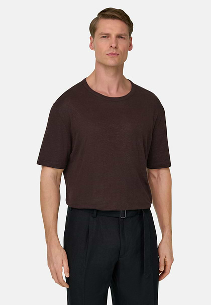 T-Shirt Aus Stretch-Leinen-Jersey, Dunkelbraun, hi-res