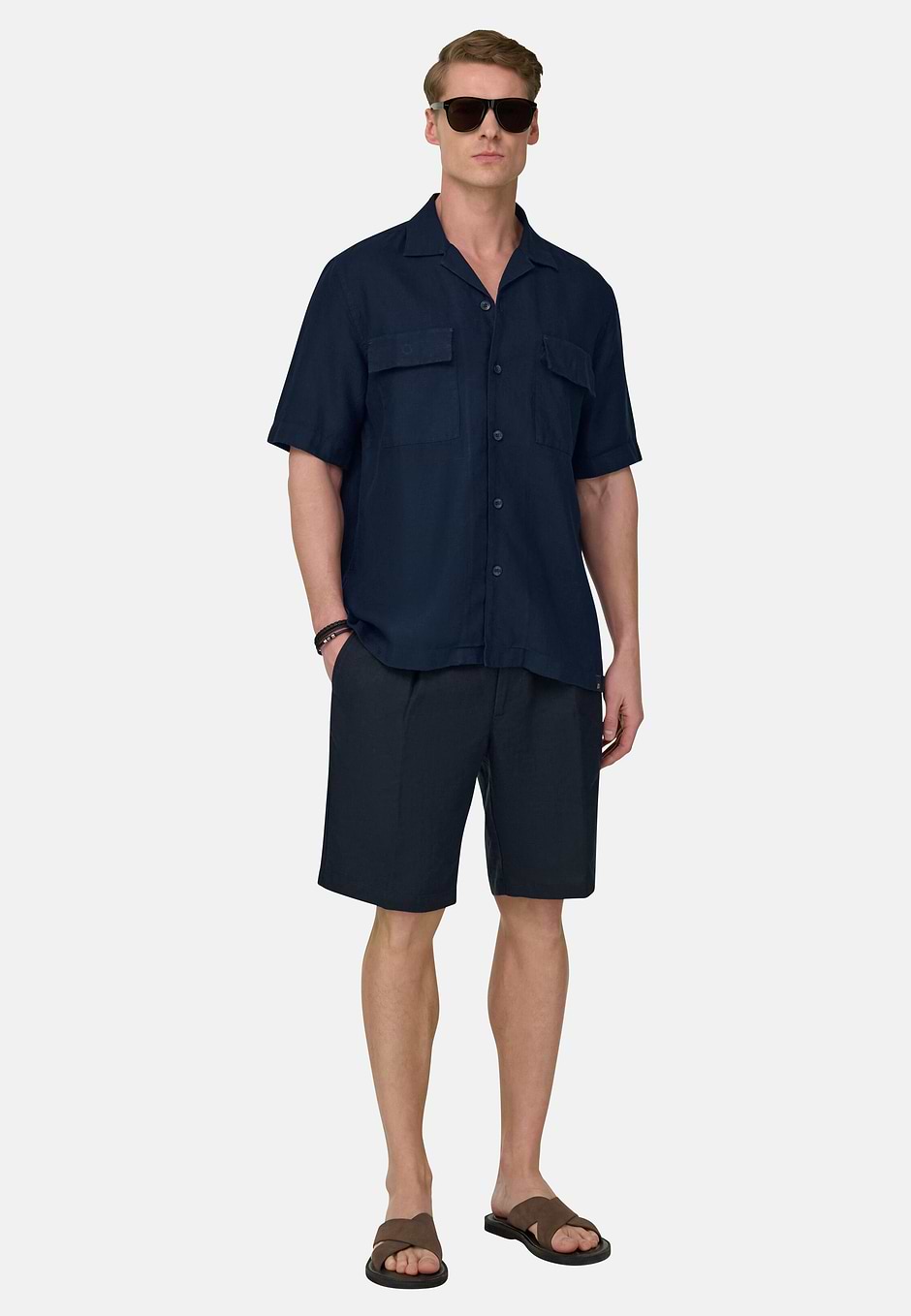 Oversized-Hemd Aus Leinen Mit Camp-Kragen, Navy blau, hi-res