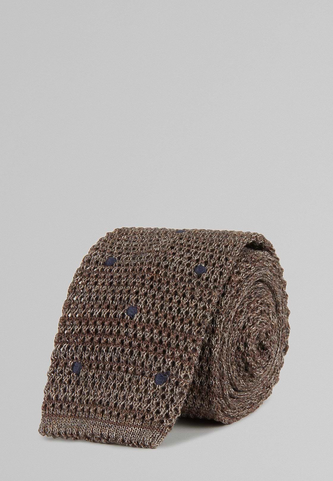 Polka Dot Silk/Cotton Knitted Tie, Hazelnut, hi-res, 1