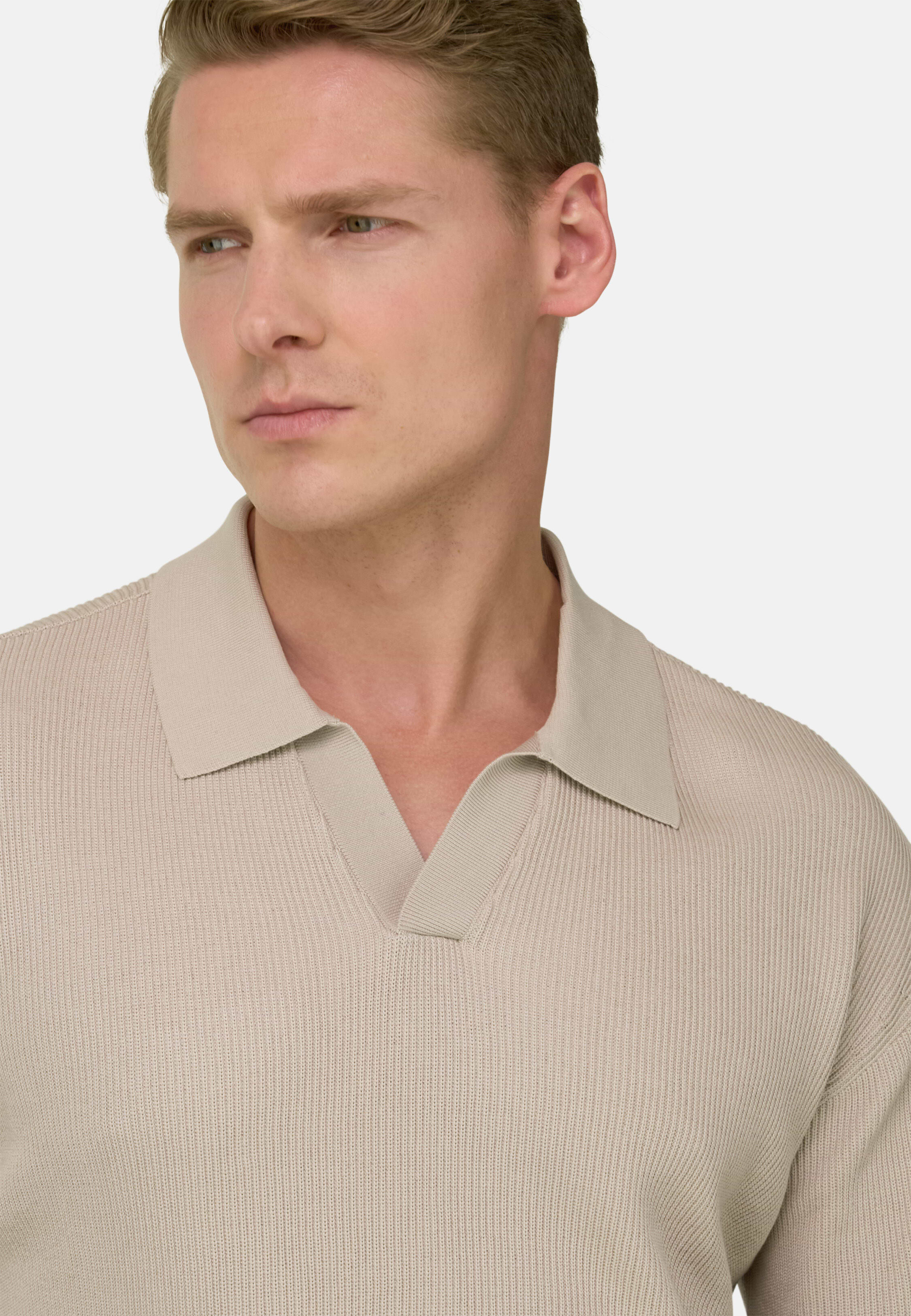 Men's Cotton and Silk Knitted Polo Shirt Long Sleeve, Sand | Boggi