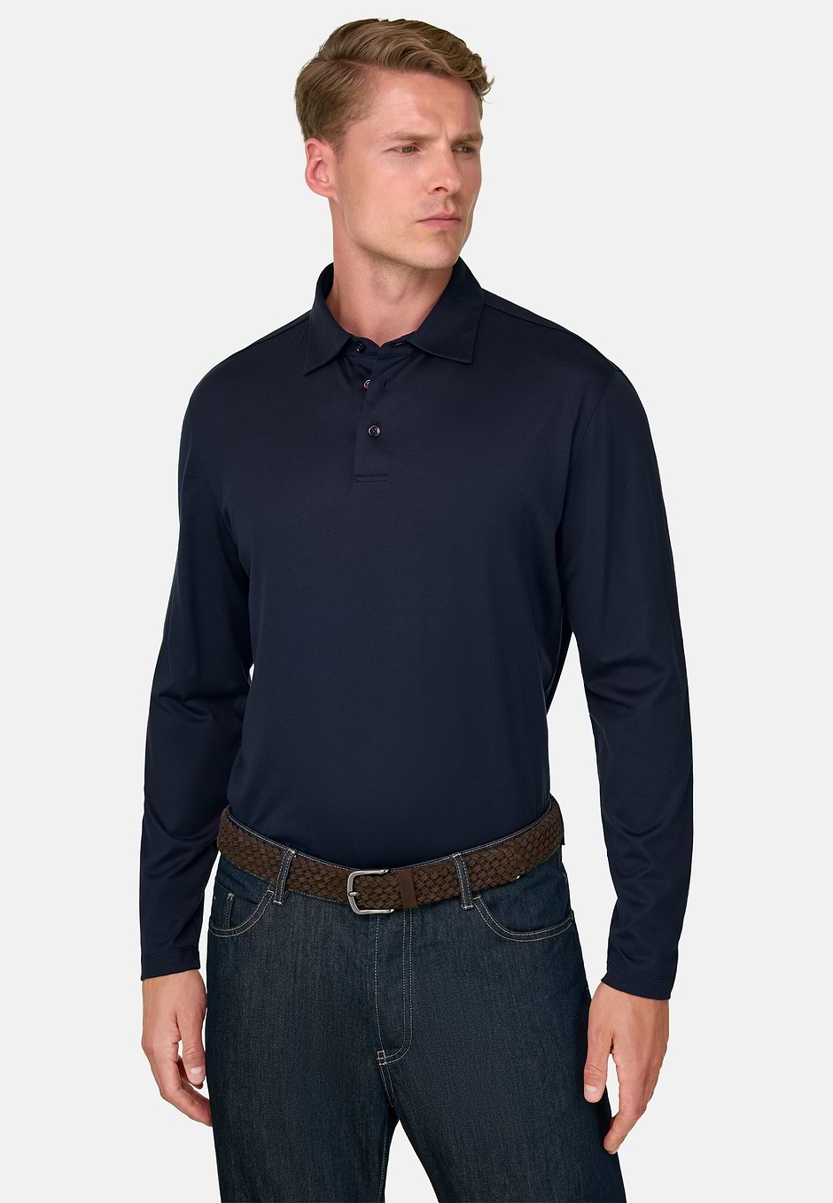 Polo en Jersey de Algodón y Seda, Azul  Marino, hi-res