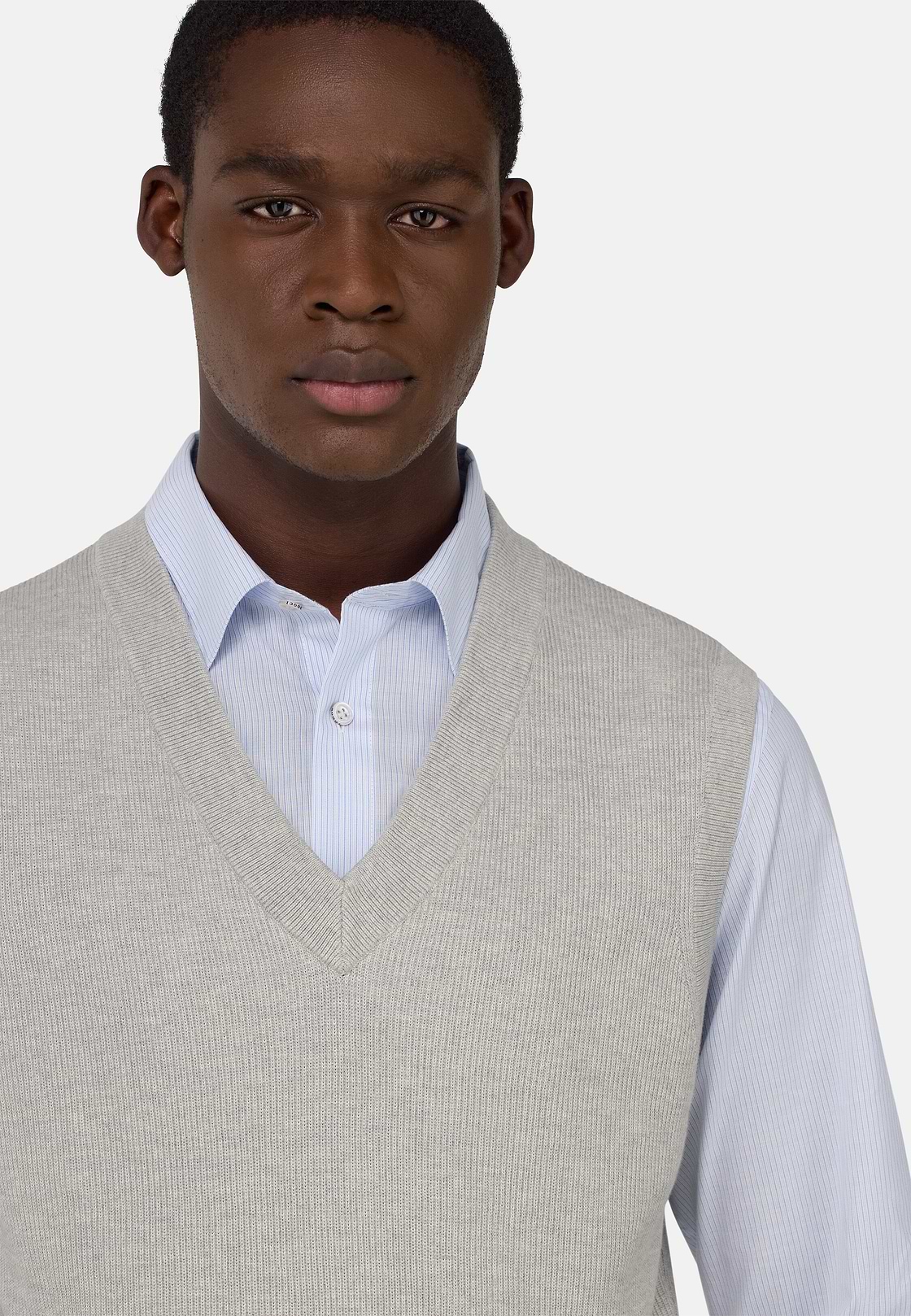 Cotton and Silk V-Neck Jumper, Grey, hi-res