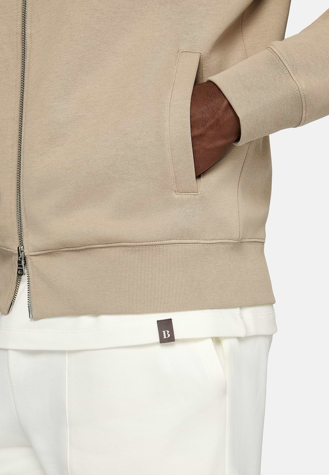 Full Zip Cotton Mock Polo Neck Sweatshirt, Beige, hi-res