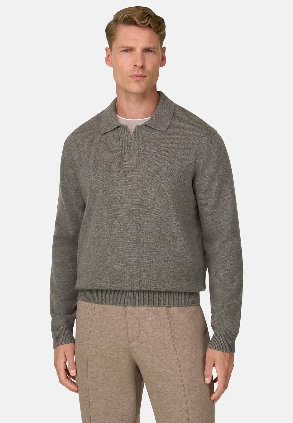 Polo en Maille en Laine Cachemire, Taupe, hi-res