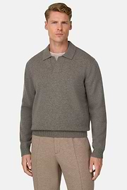 Knitted Polo Shirt in Wool Cashmere, Taupe, thumb, 1