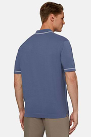 Indigo Cotton Crepe Knit Polo Shirt, Indigo, hi-res