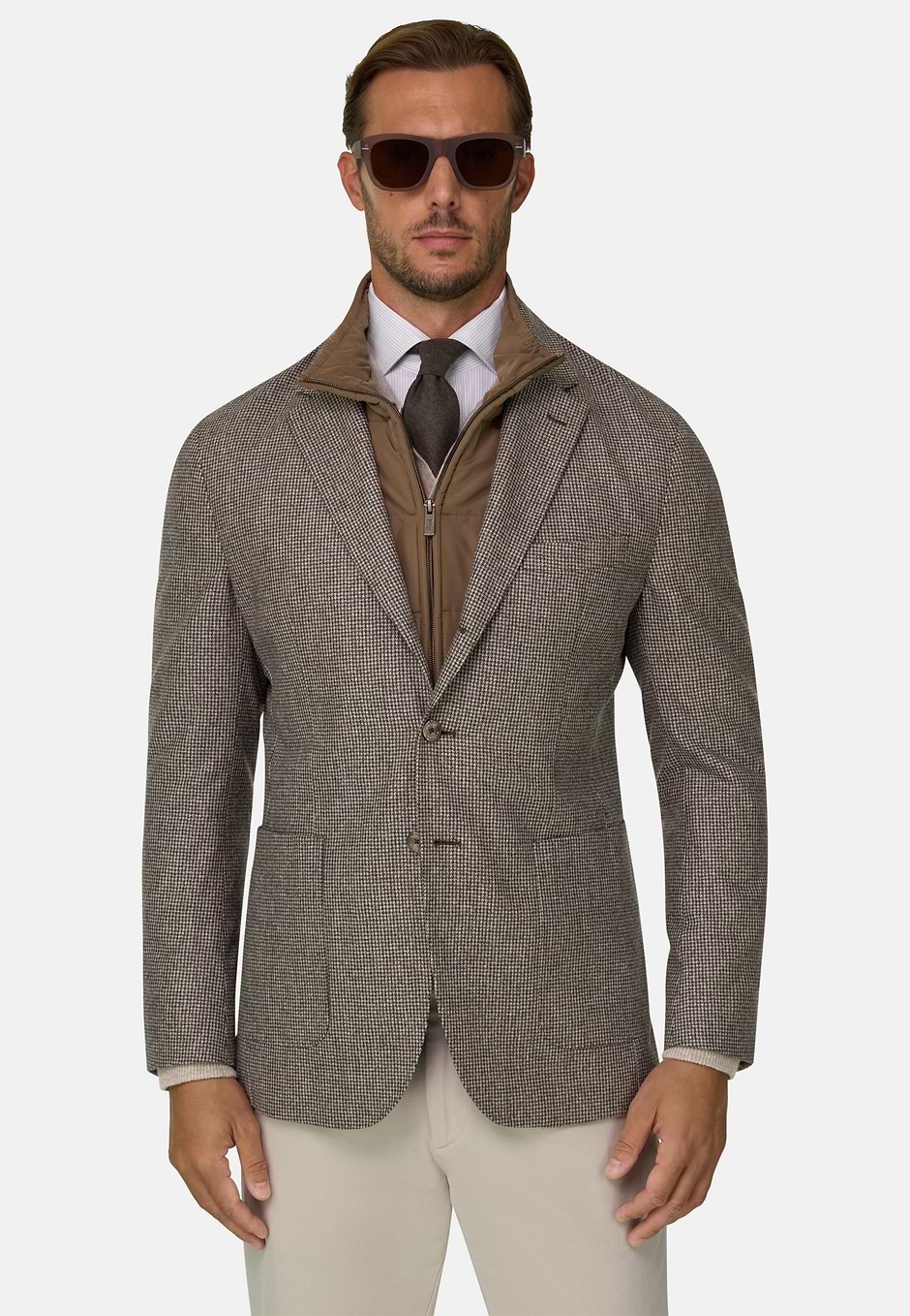 Blazer Houndstooth Wool Flannel, Taupe, hi-res