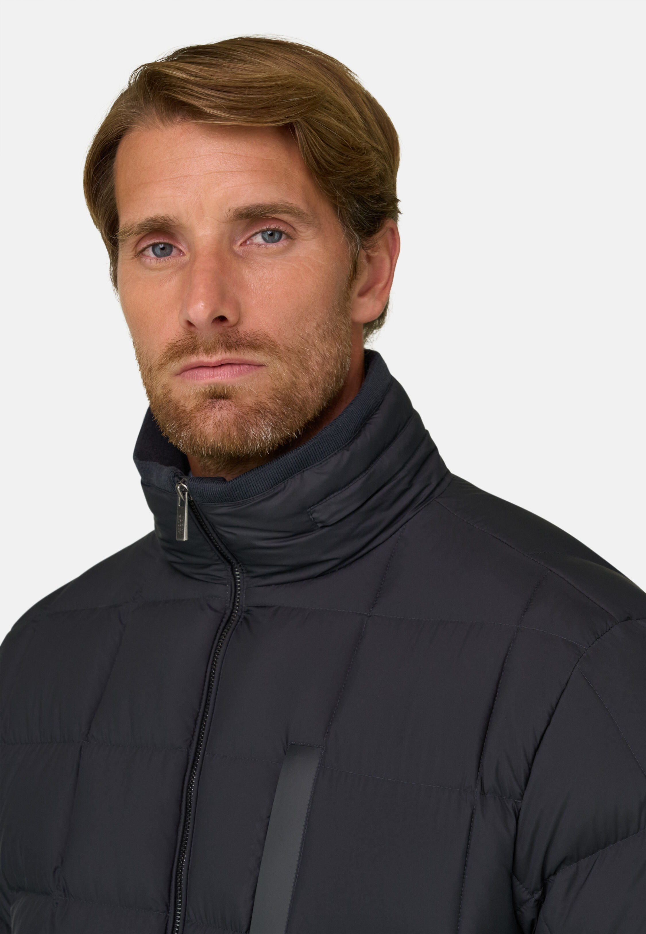 Bomber in Nylon Padded with Goose Down, Navy blue, hi-res, 3