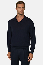 Gestricktes Polo aus extrafeiner Merinowolle, Navy blau, thumb, 1