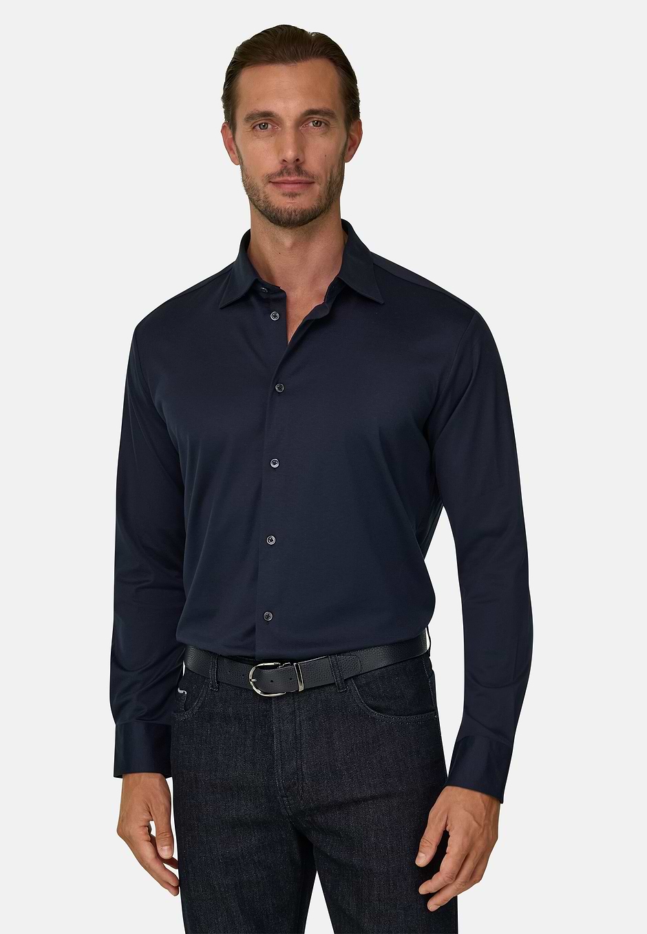 Camisa Polo de Algodón y Seda Regular Fit, Azul  Marino, hi-res