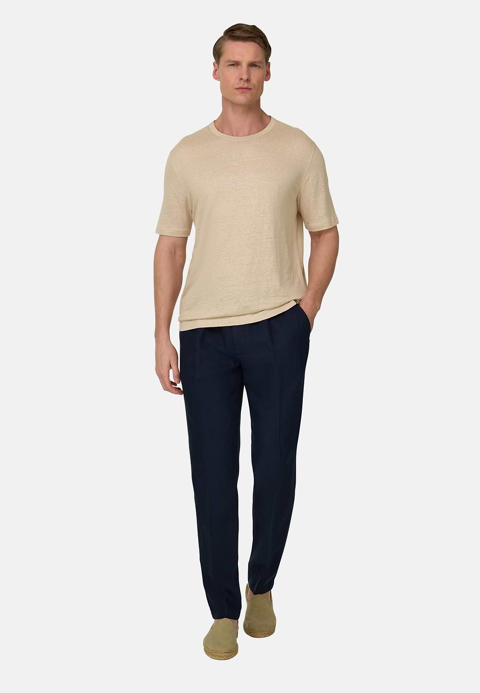 T-Shirt in Stretch Linen Jersey, Sand, hi-res