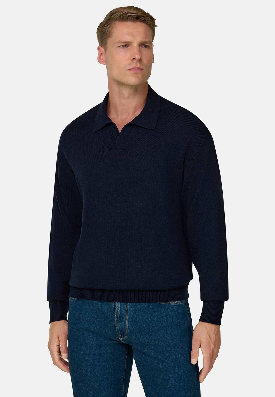 Knitted Polo Shirt in Cashmere Blend, Navy blue, hi-res