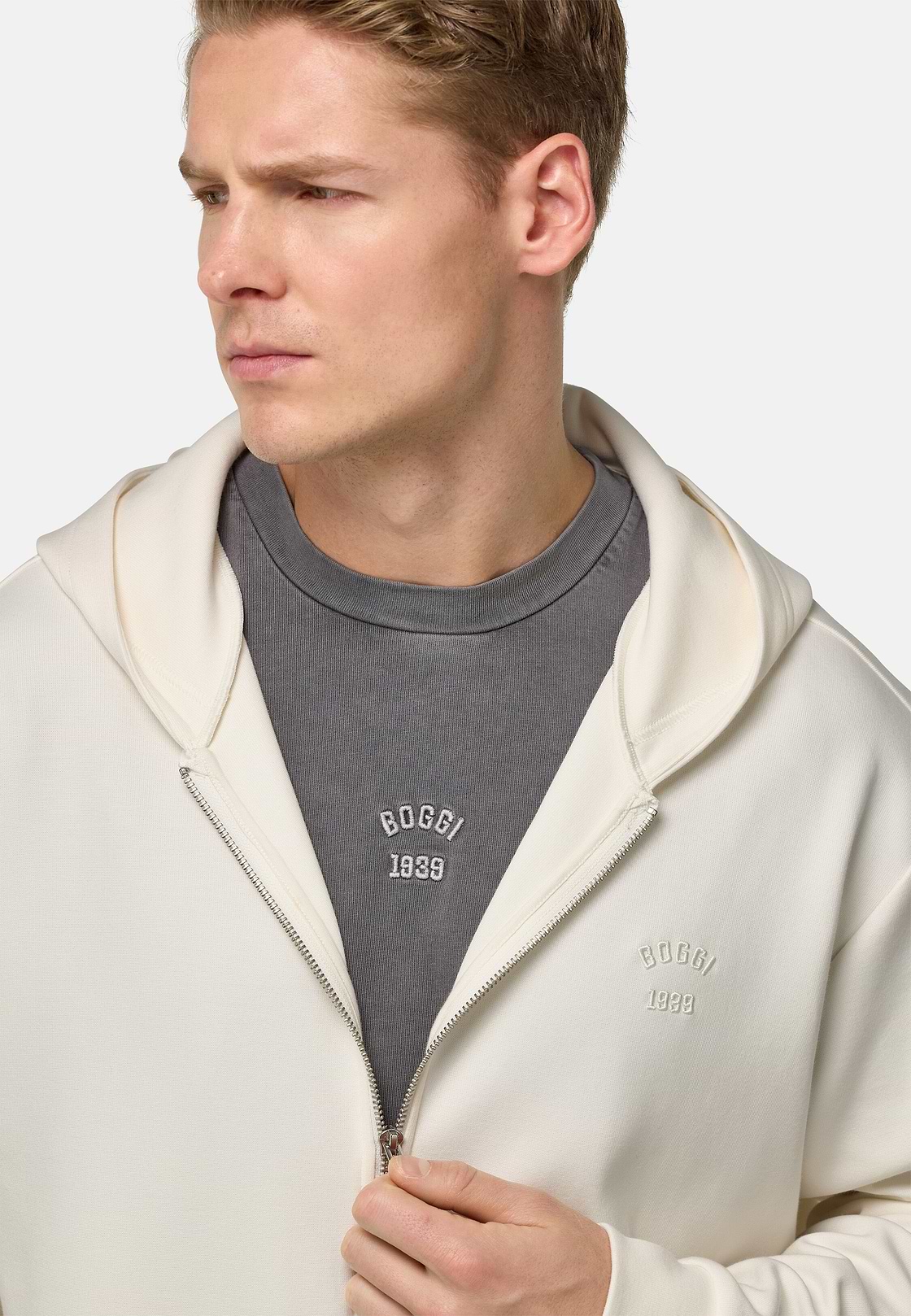 Cotton Blend Full-Zip Sweatshirt, Cream, hi-res
