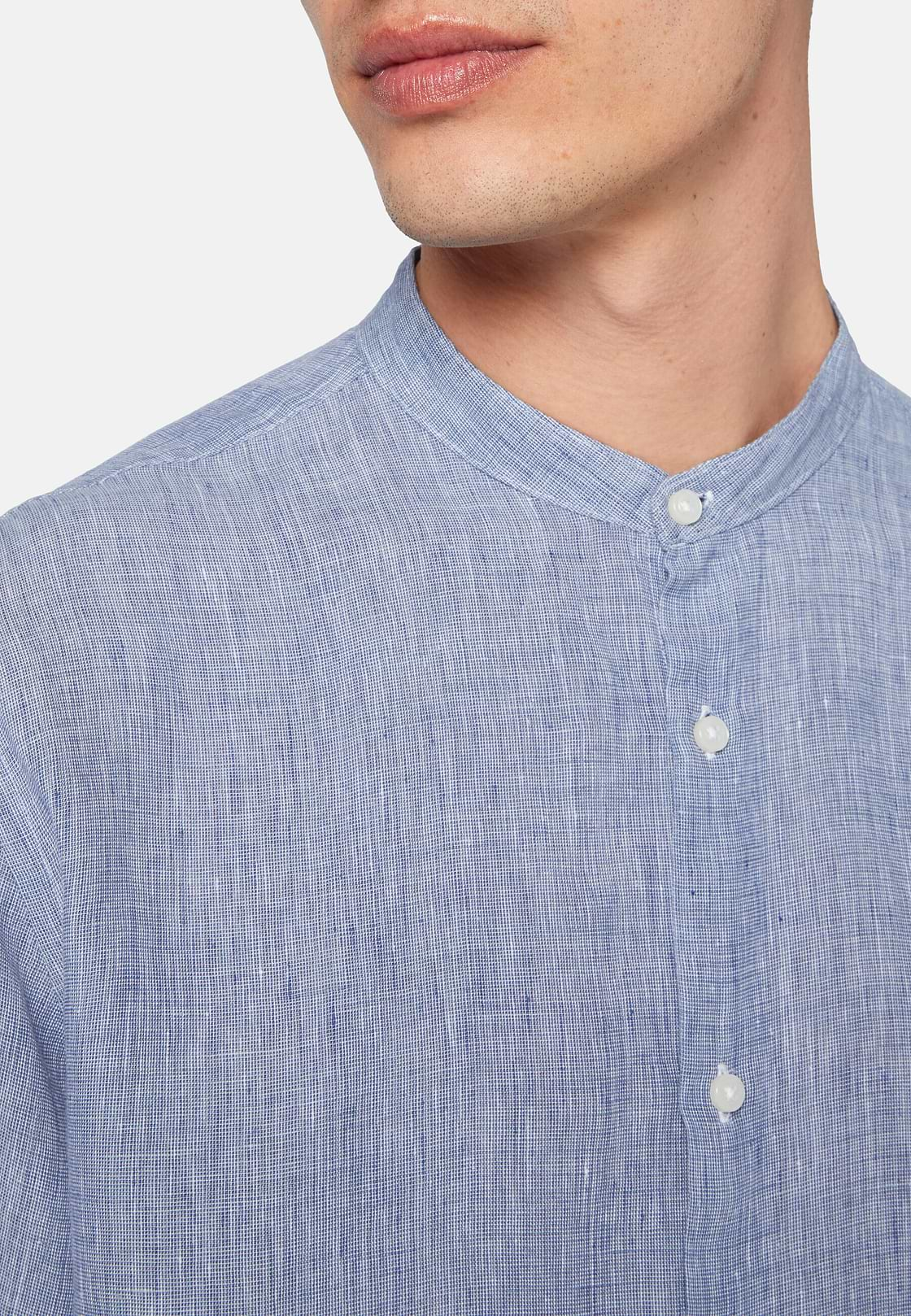 Linen Korean Collar Shirt Regular Fit, Blue, hi-res