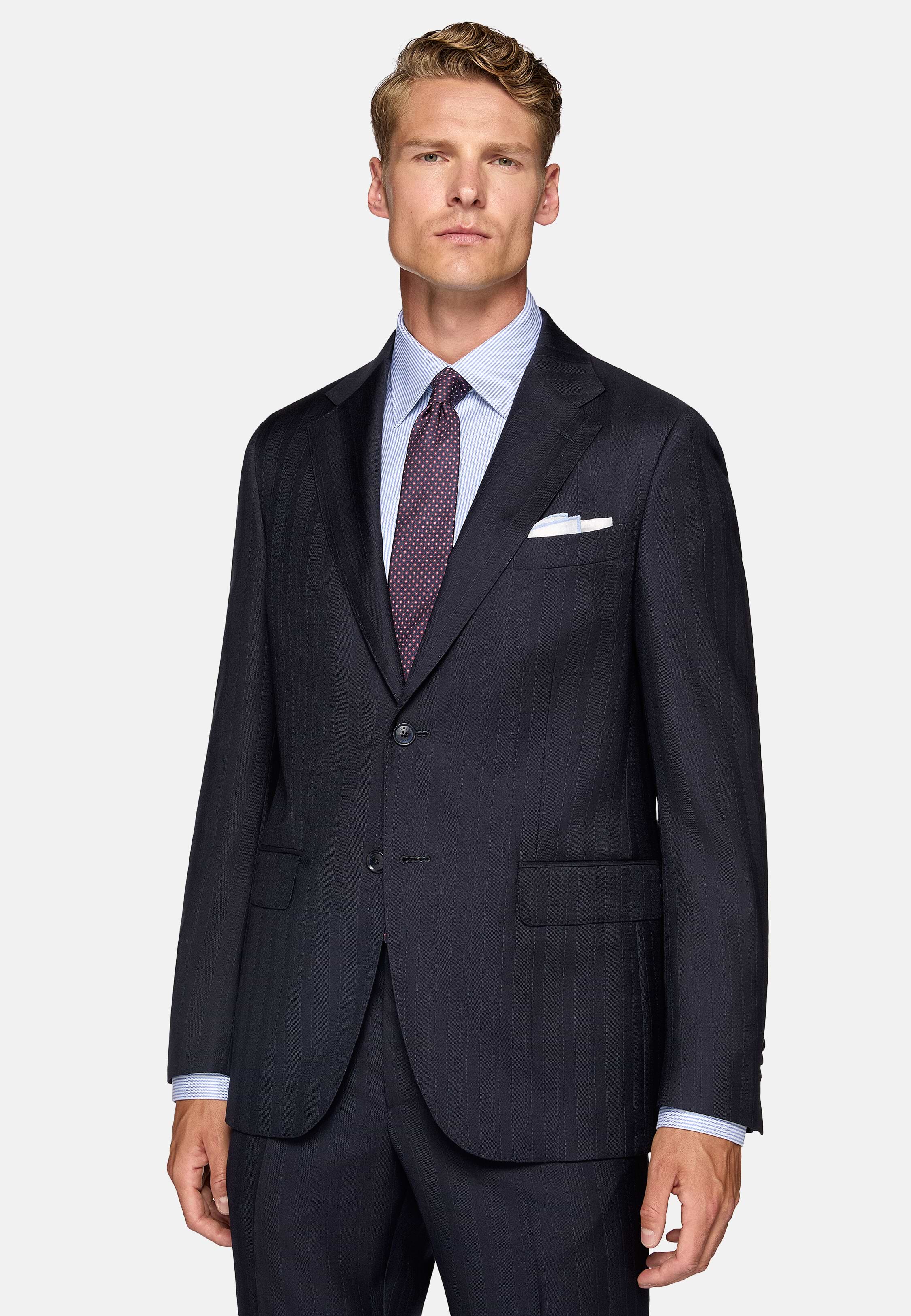 Men's Navy Blue Pinstripe Suit In Pure Wool | Boggi Milano
