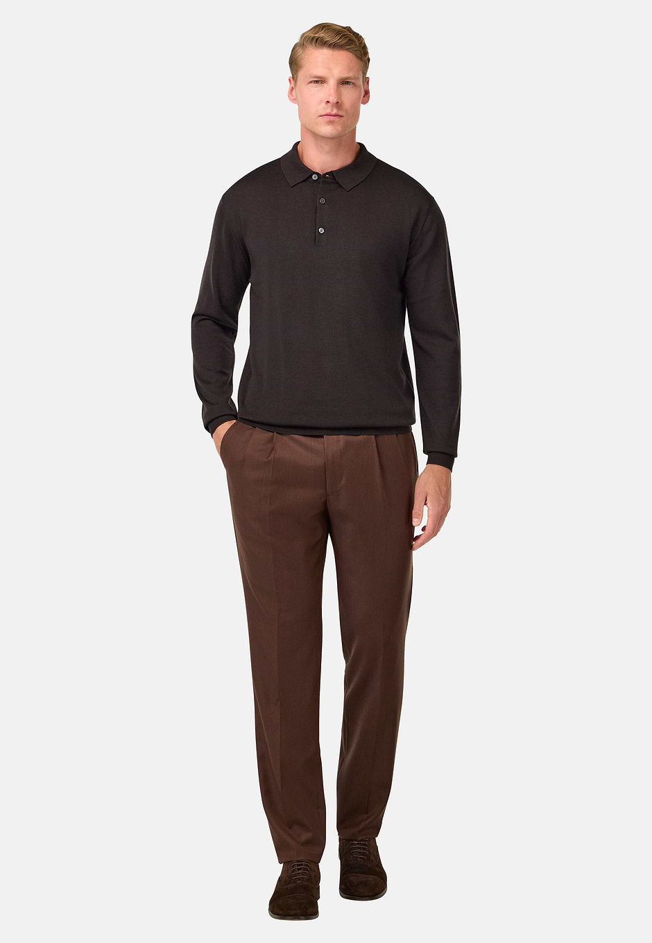 Polo Maille En Laine Mérinos, Marron foncé, hi-res