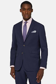 Blue Pinstripe Suit In Stretch Wool And Nylon, Blue, hi-res