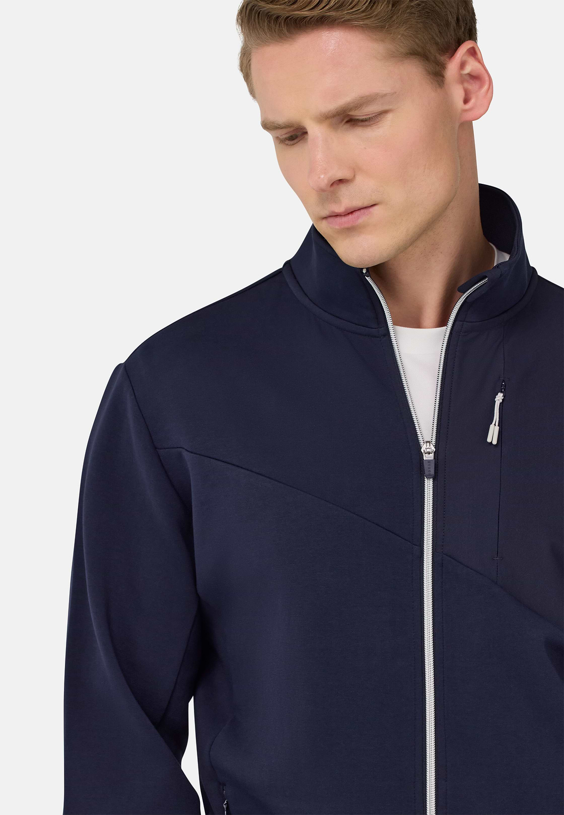 Sweat-Shirt Full Zip En Mélange Coton Et Scuba Léger, bleu marine, hi-res