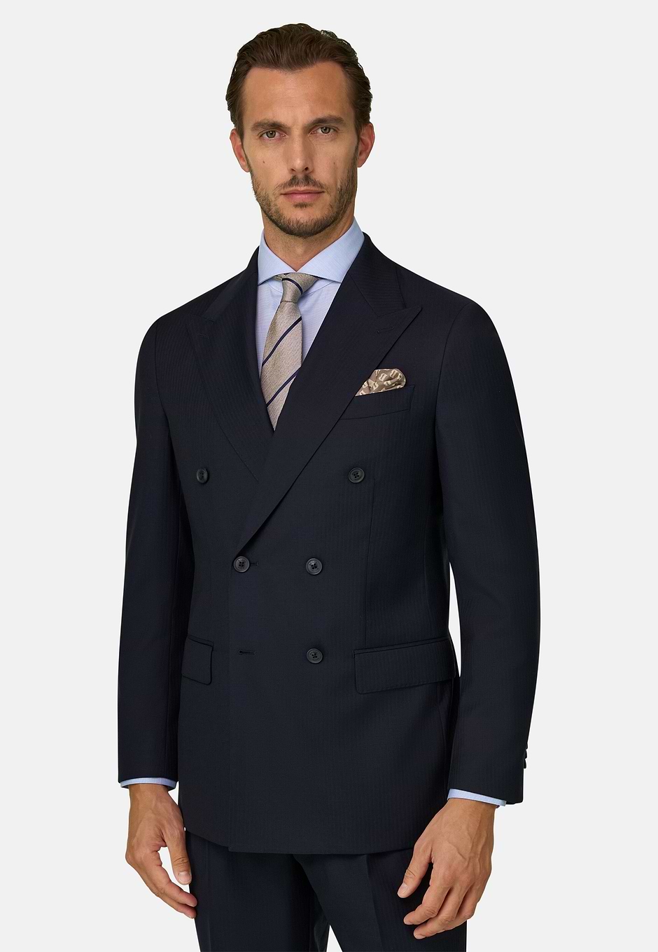 Suit Herringbone Double-Breasted 100% Wool, Navy blue, hi-res