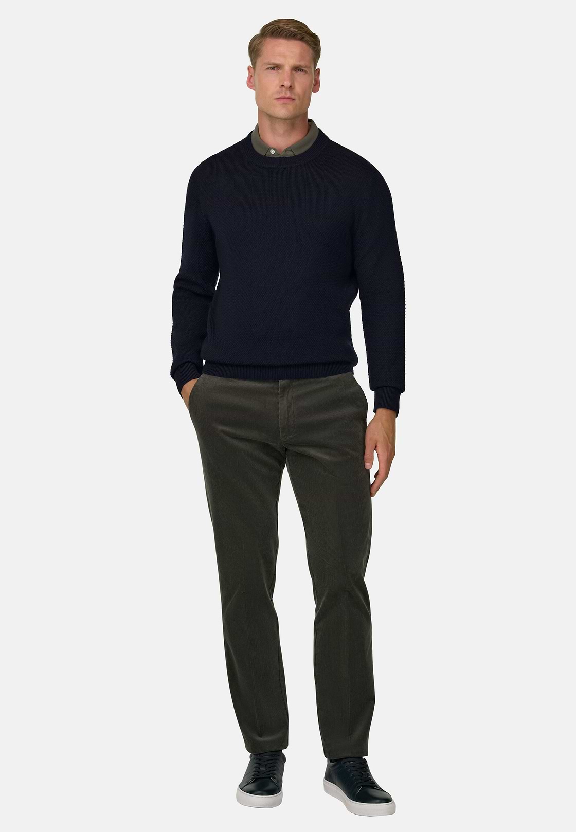 Crew Neck Jumper in Merino Wool, Navy blue, hi-res, 2