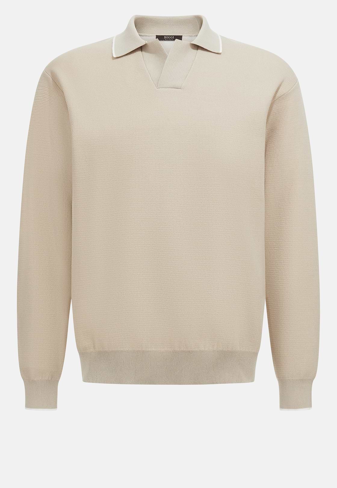 Open Neck Knitted Polo Shirt in a Cotton Blend, Sand, hi-res