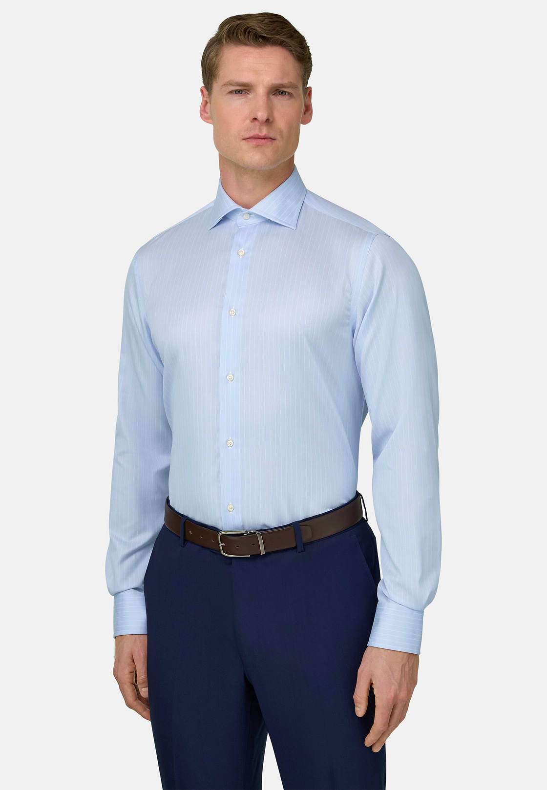 Camicia A Righe In Cotone Slim Fit, Azzurro, hi-res, 1