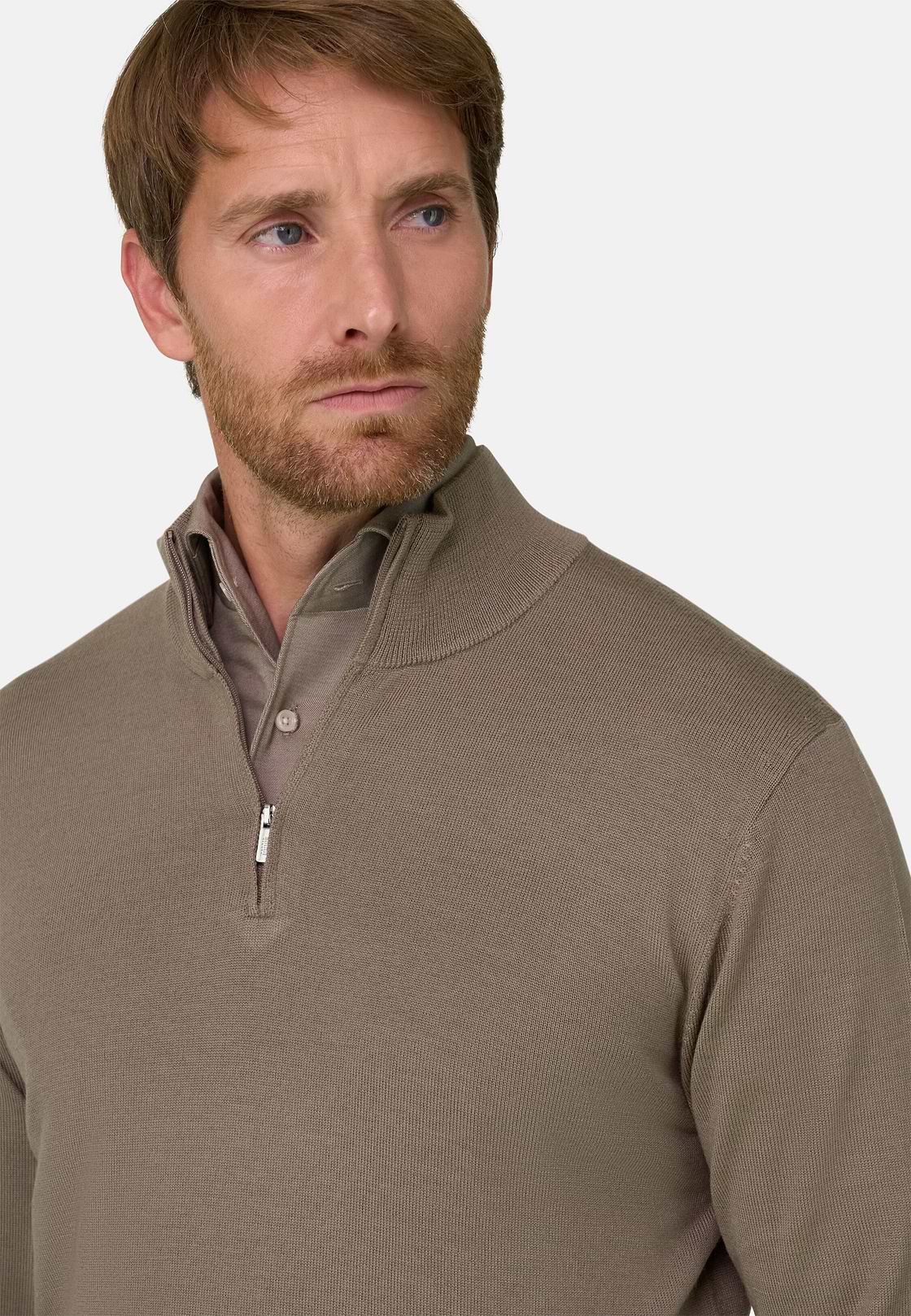 Quarter-Zip Jumper in Merino Wool, Taupe, hi-res, 3