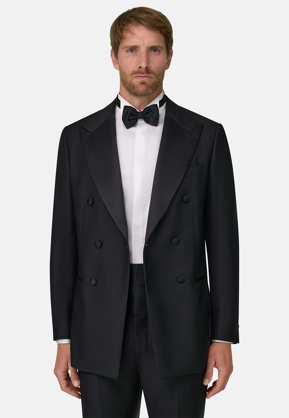 Stretch Wool Double-Breasted Dinner Jacket With Peak Lapels, Black, hi-res