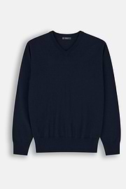Pullover mit V-Ausschnitt aus extrafeiner Merinowolle, Navy blau, thumb, 5
