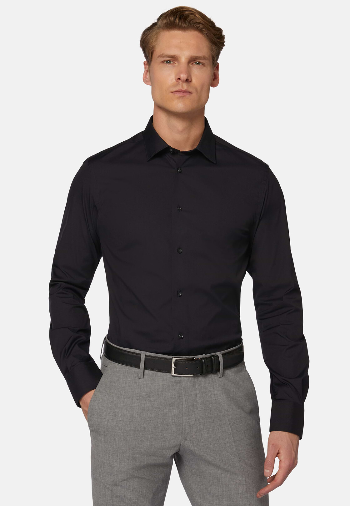 Slim Fit Navy Shirt in Stretch Cotton, Navy blue, hi-res