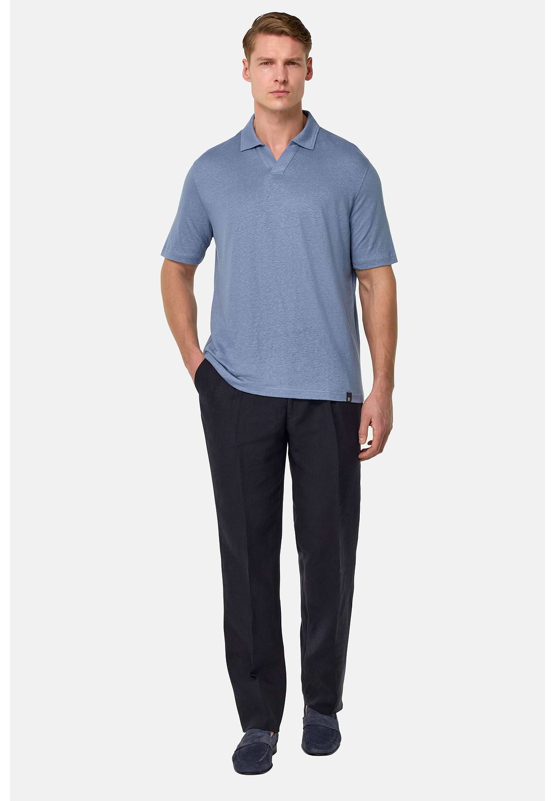 Stretch Linen Jersey Polo Shirt, Indigo, hi-res