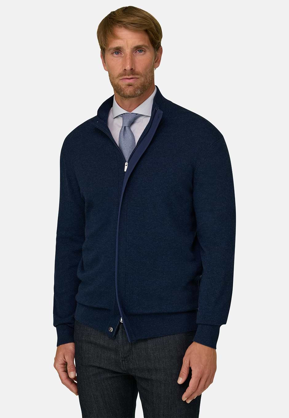 Jersey con Cremallera Completa en Lana Cashmere Mezcla, Azul  Marino, hi-res