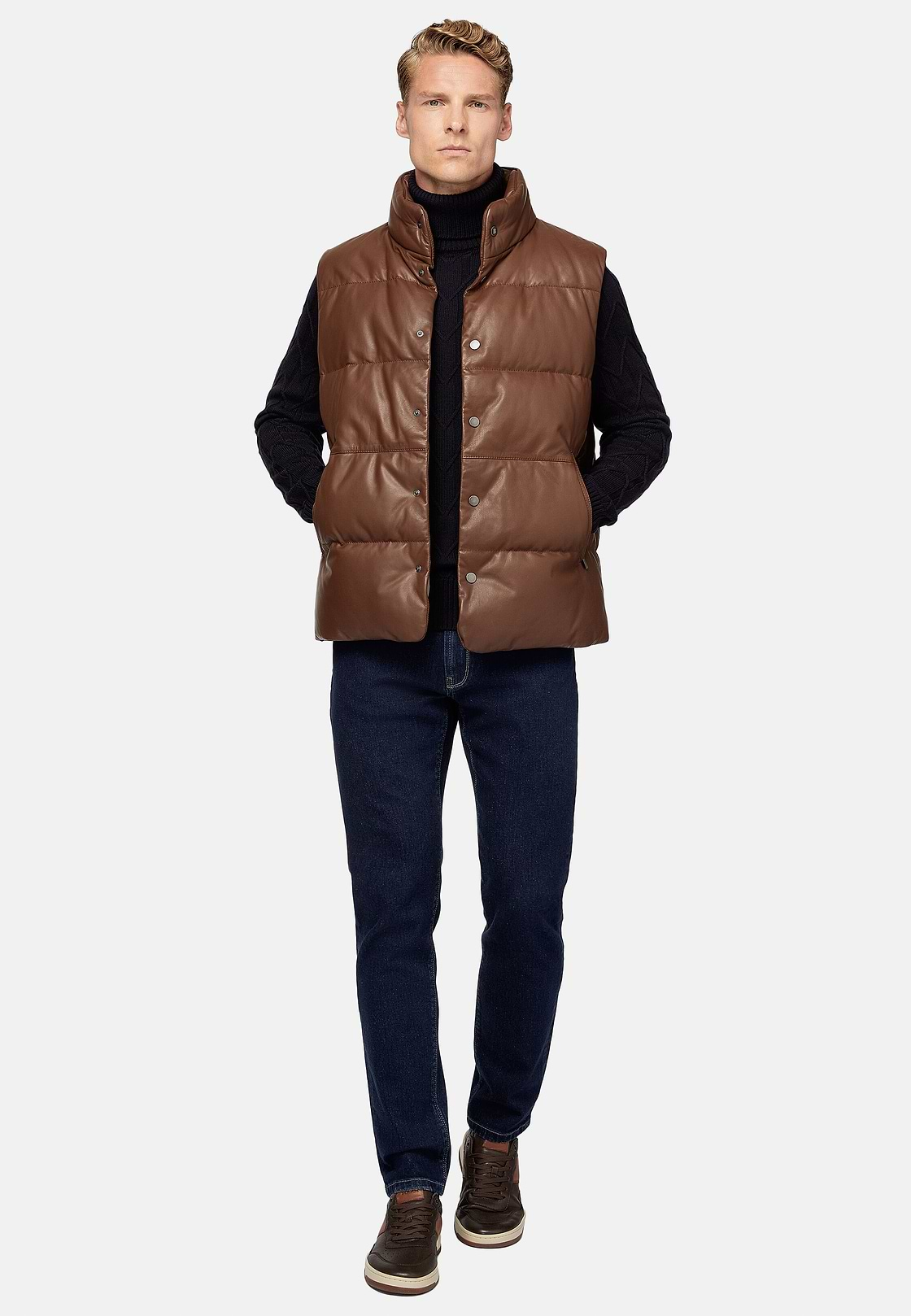 Gilet En Cuir Véritable Rembourré En Plume, Marron, hi-res