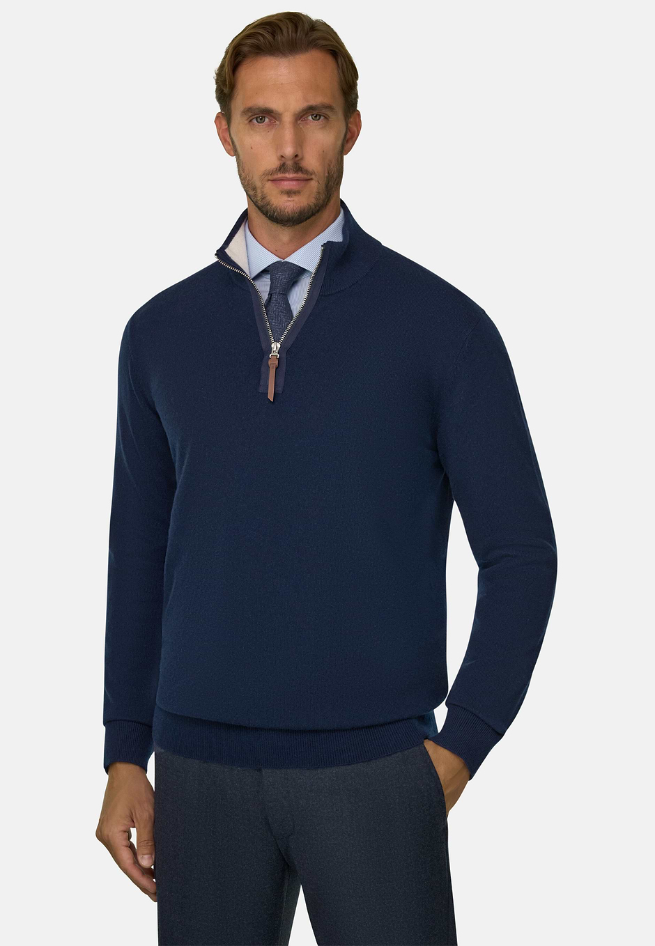 Pull Demi-Zip en Cachemire, bleu marine, hi-res